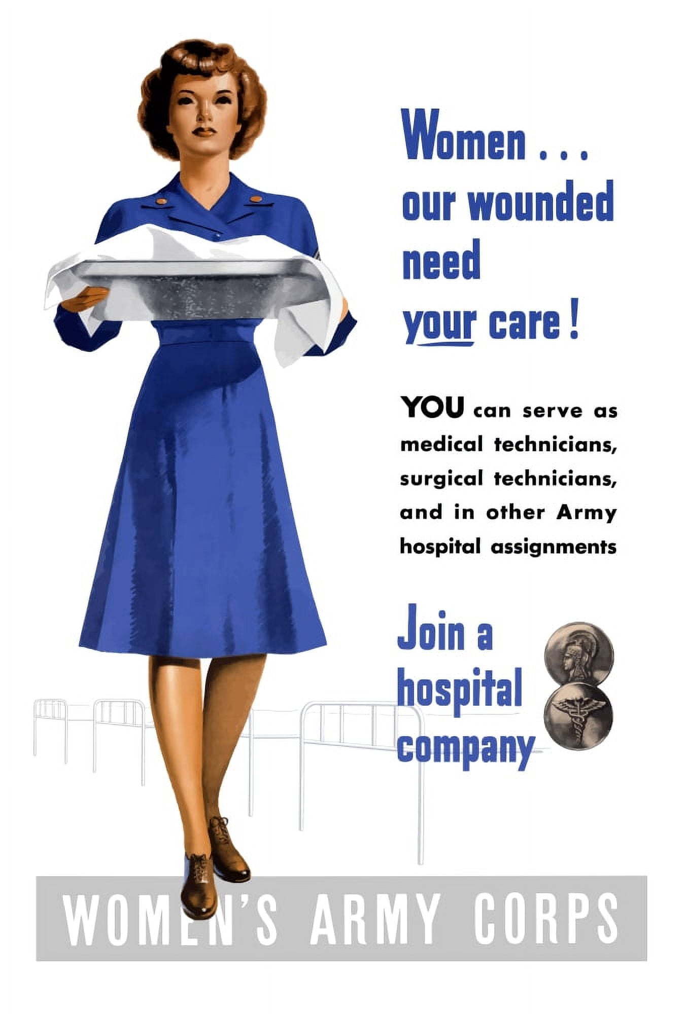 Vintage World War II poster of an Army Corps Nurse working in a hospital Canvas Art - John ParrotStocktrek Images (23 x 34)