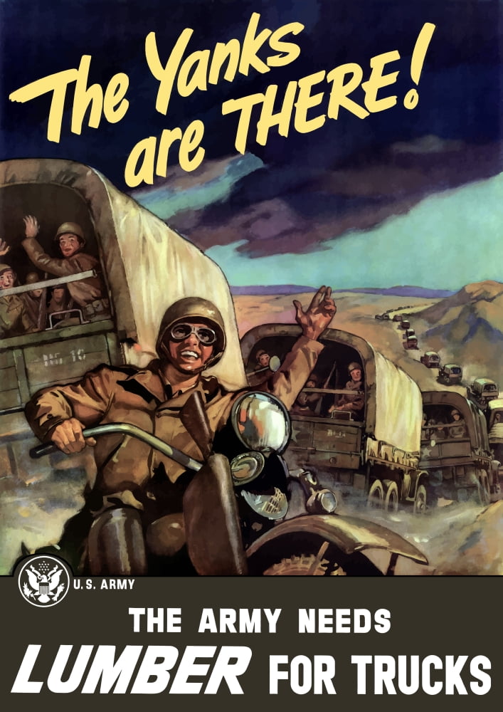 Vintage World War II poster of military transport trucks filled with troops Canvas Art - John ParrotStocktrek Images (24 x 34)