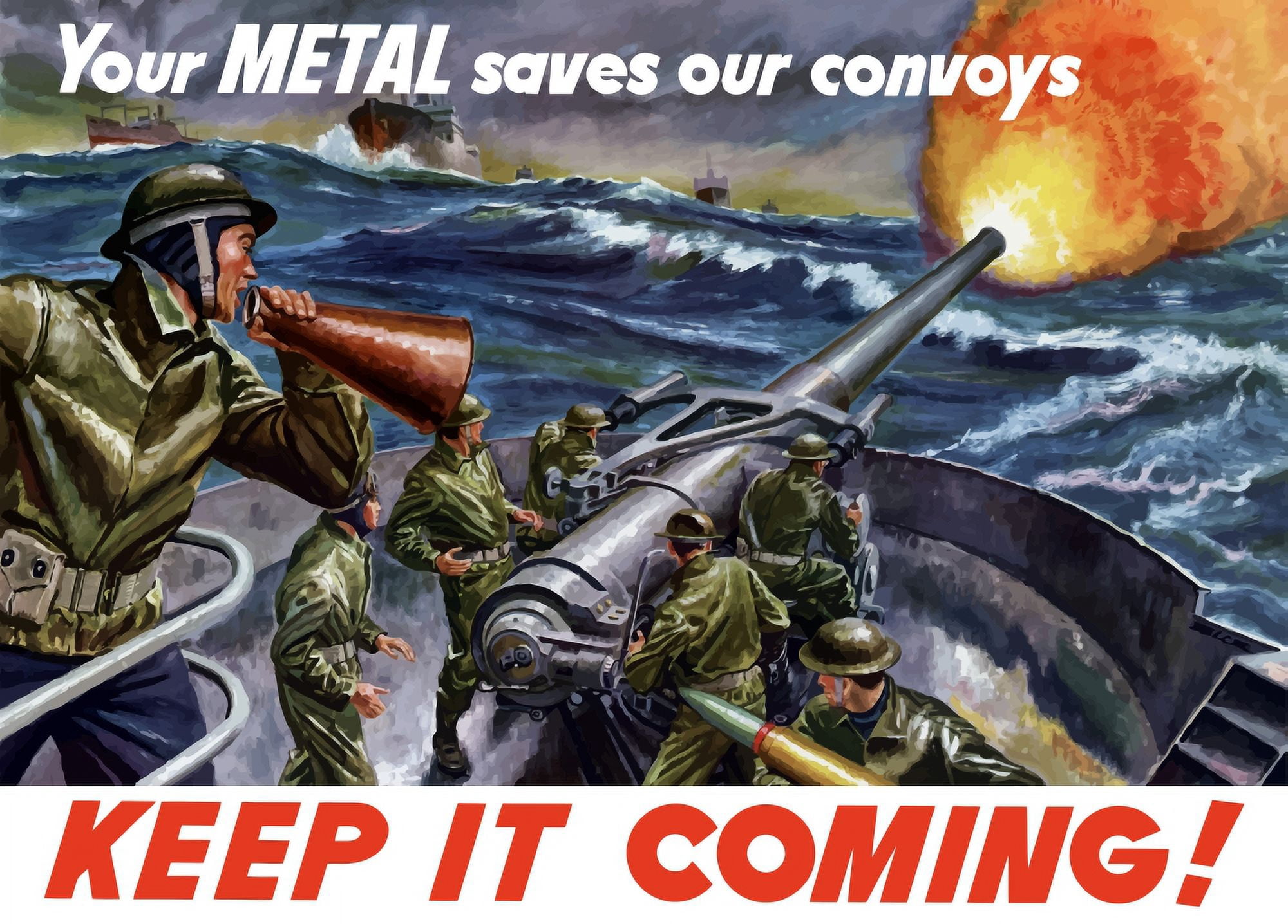 Vintage World War II poster of ships at sea firing artillery rounds Canvas Art - John ParrotStocktrek Images (17 x 12)