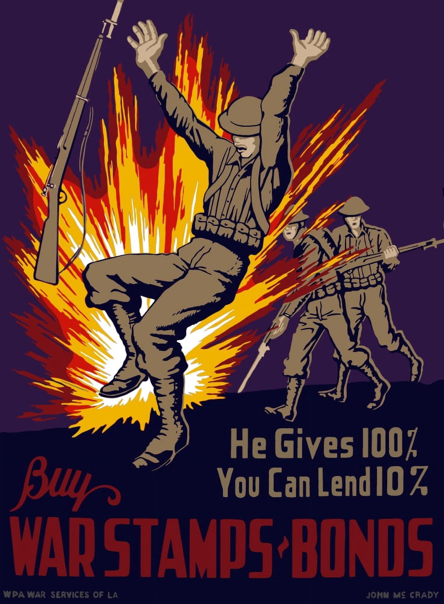 Vintage World War II poster of three soldiers in combat Canvas Art - John ParrotStocktrek Images (24 x 33)
