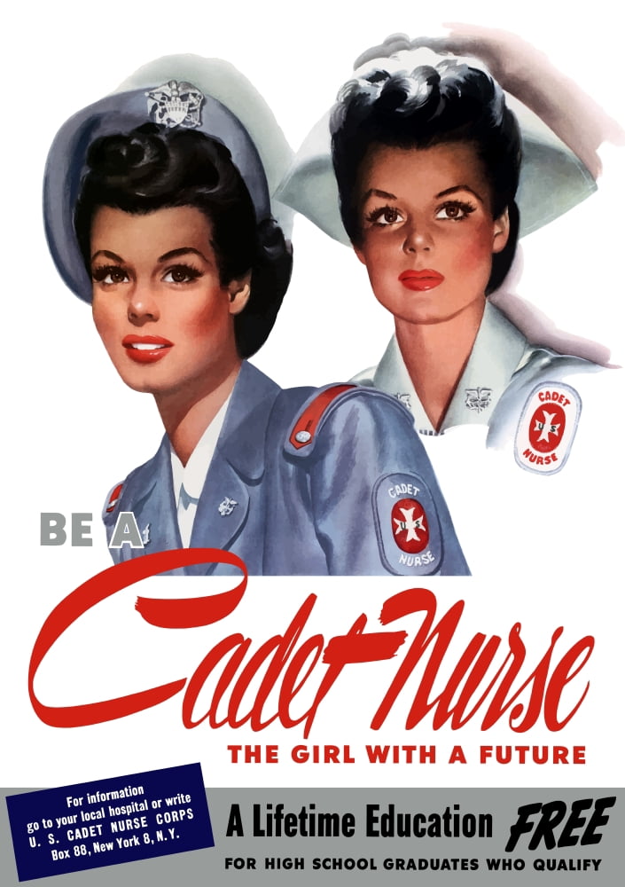 Vintage World War II poster of two smiling young nurses Canvas Art - John ParrotStocktrek Images (24 x 34)