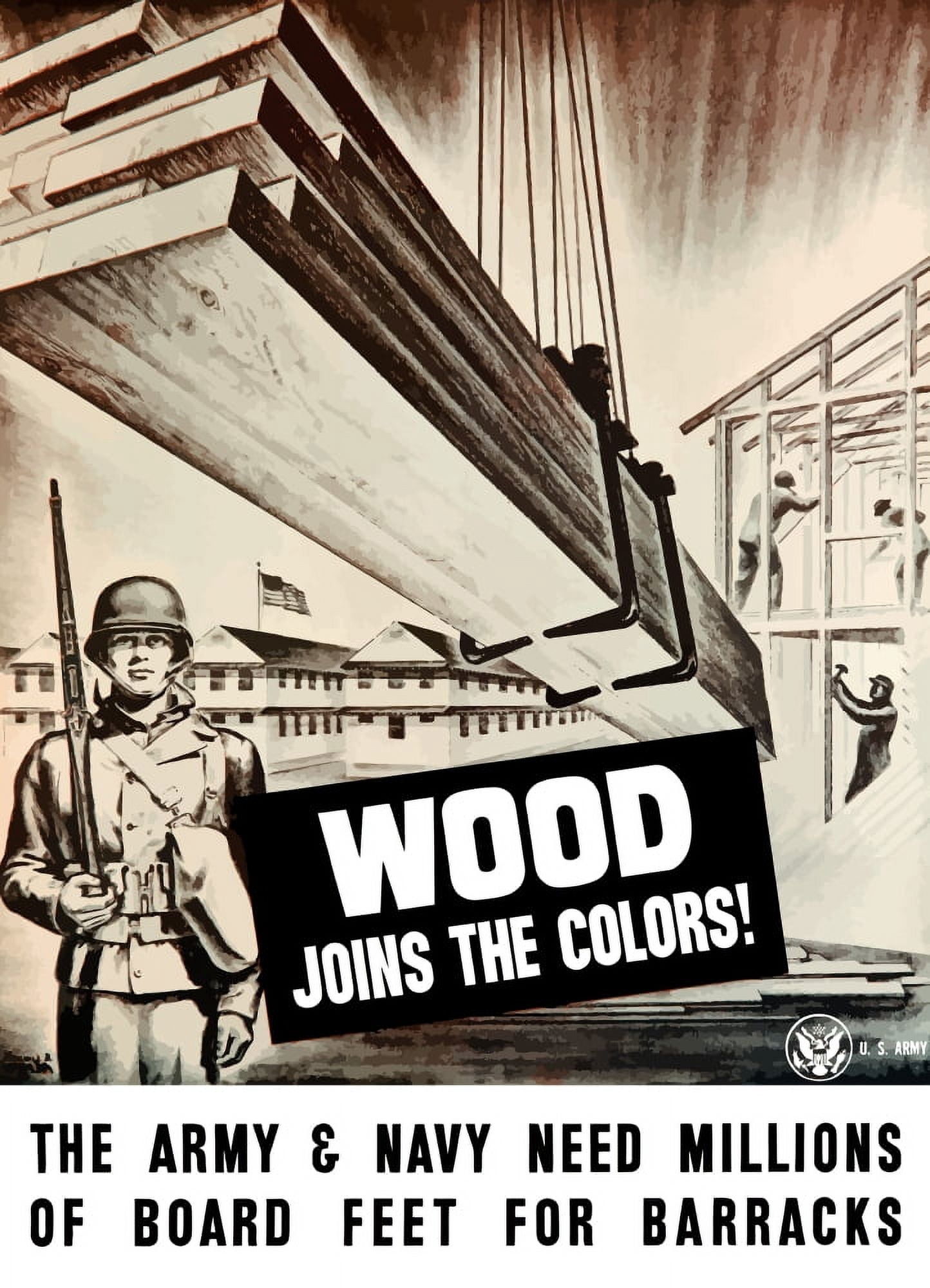 Vintage World War II poster showing Army troops building barracks Canvas Art - John ParrotStocktrek Images (12 x 17)