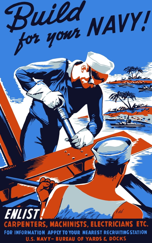 Vintage World War II poster showing two sailors building a ship Canvas Art - John ParrotStocktrek Images (11 x 18)