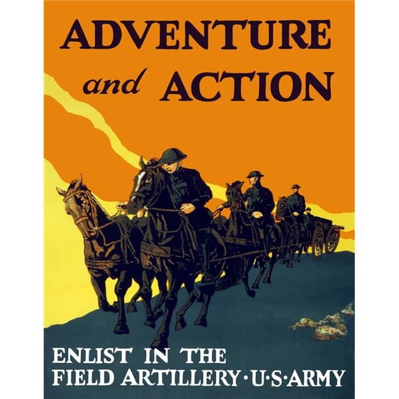 Vintage World War One Propaganda Poster Featuring Soldiers Pulling Artillery Guns with A Team of Horses