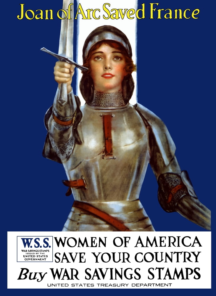 Vintage World War One poster of Joan of Arc wearing armor raising a sword Canvas Art - John ParrotStocktrek Images (12 x 17)