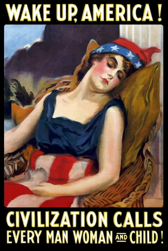 Vintage World War One poster of Lady Liberty sleeping in a chair Canvas Art - John ParrotStocktrek Images (12 x 18)