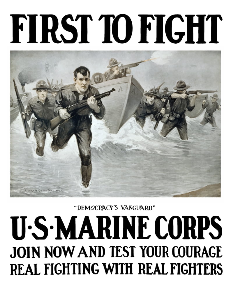 Vintage World War One poster of US Marines storming a beach rifles in hand Canvas Art - John ParrotStocktrek Images (13 x 16)