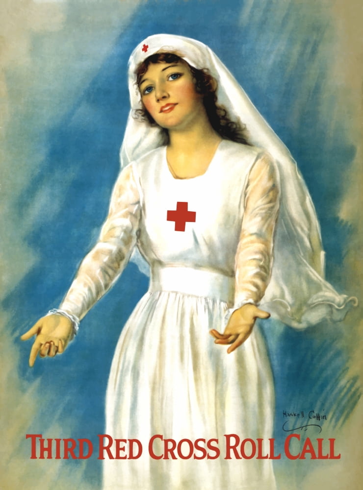 Vintage World War One poster of a Red Cross nurse holding open her arms Canvas Art - John ParrotStocktrek Images (12 x 17)