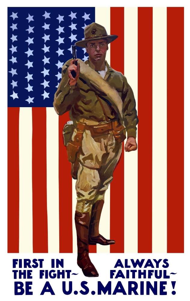 Vintage World War One poster of a US Marine holding his sidearm Canvas Art - John ParrotStocktrek Images (12 x 18)
