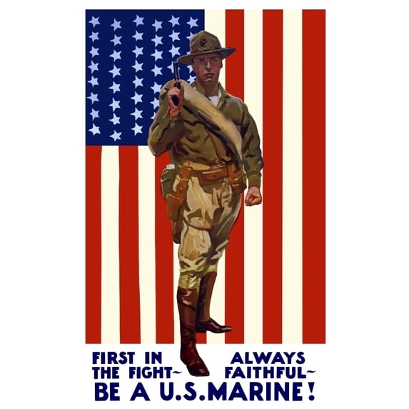 Vintage World War One poster of a US Marine holding his sidearm Poster Print