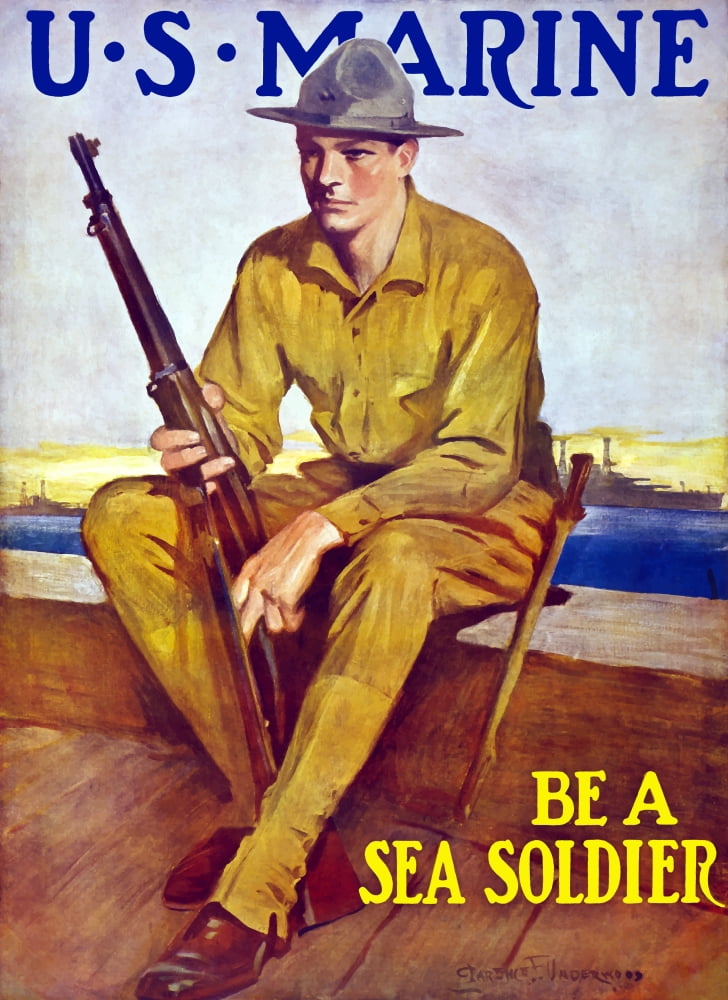 Vintage World War One poster of a US Marine sitting near the harbor Canvas Art - John ParrotStocktrek Images (12 x 17)