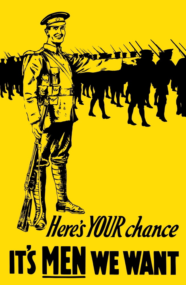 Vintage World War One poster of a soldier pointing towards marching troops Canvas Art - John ParrotStocktrek Images (12 x 18)