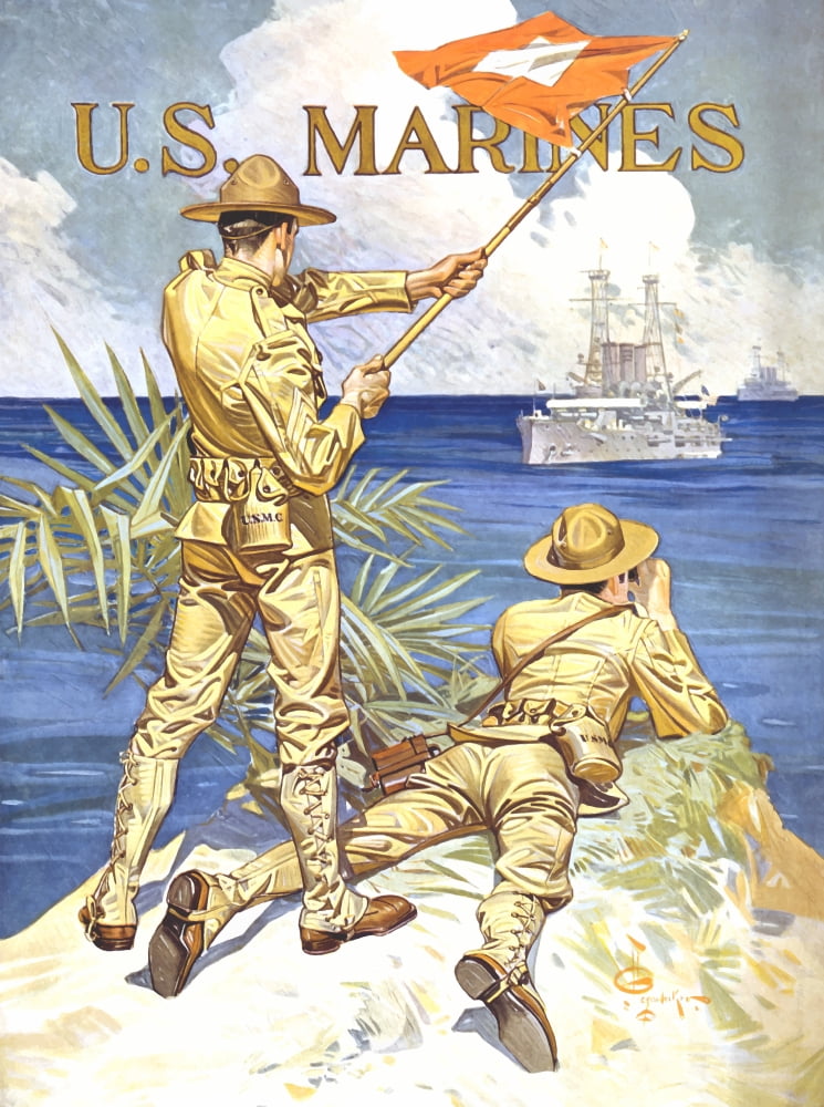 Vintage World War One poster of two Marines signaling a ship with a flag Canvas Art - John ParrotStocktrek Images (25 x 33)
