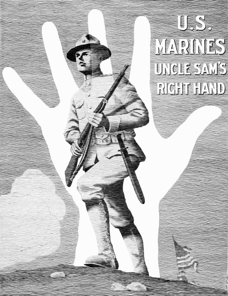 Vintage World War One poster showing a Marine soldier charging a hill Canvas Art - John ParrotStocktrek Images (13 x 17)