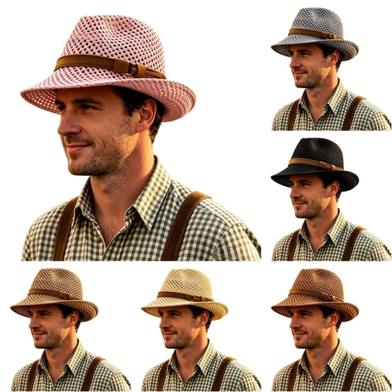 Vintage Woven Hollowâout Sun Hat Unisex Leather Band Decor Breathable Outdoor Vacation Fedora Hat