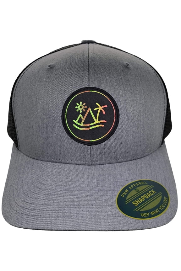 Vintage Woven Patch Sun Cap: Breathable Mesh Back Snapback Trucker Hat - Heather Grey on Black
