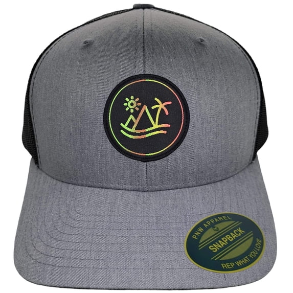 Vintage Woven Patch Sun Cap: Breathable Mesh Back Snapback Trucker Hat - Heather Grey on Black
