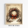 thumbnail image 1 of Vintage Wreath Art, Antiquedecor, Rustic Winter Scene, Festive Red Bow, Cottagecore Print 624 Home Decor #1799, Stretched Canvas Size 12x18, 1 of 4