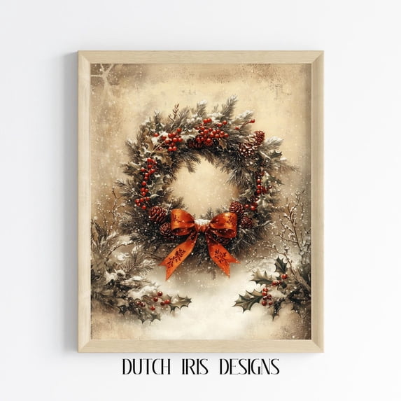 Vintage Wreath Art, Antiquedecor, Rustic Winter Scene, Festive Red Bow, Cottagecore Print 624 Home Decor #1799, Stretched Canvas Size 12x18