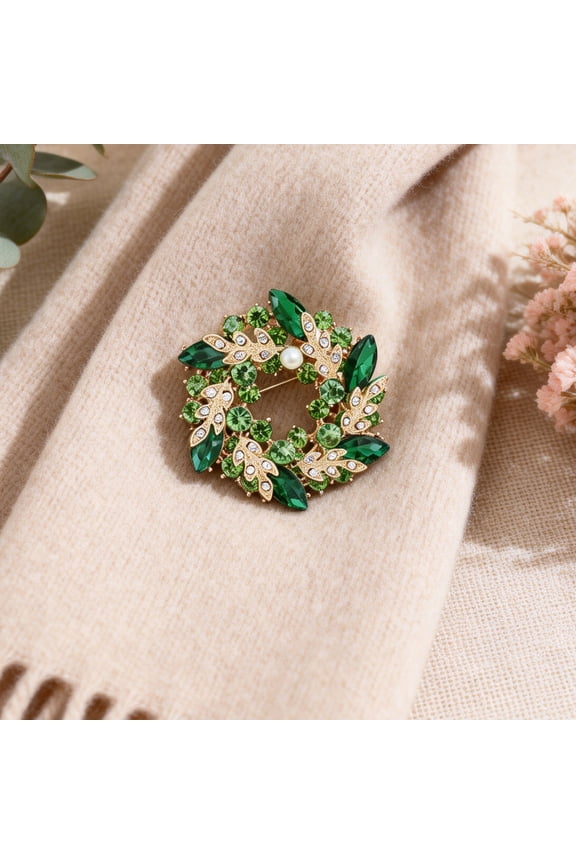 Vintage Wreath Brooch for Women, Alloy & Rhinestone Leaf Circle Brooch Pin, Elegant Sparkling Floral Wreath Jewelry for Dress Scarf Hat Gift