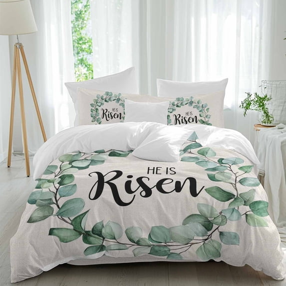 Vintage Wreath Queen Size Comforter Set, Green Eucalyptus Leaves Linen Texture Bedding for All Seasons, 4 Pcs Bed Set, 1Quiltcover (90"x92") ,1Sheet(94"x116"), 2Pillowcases (30"x20")