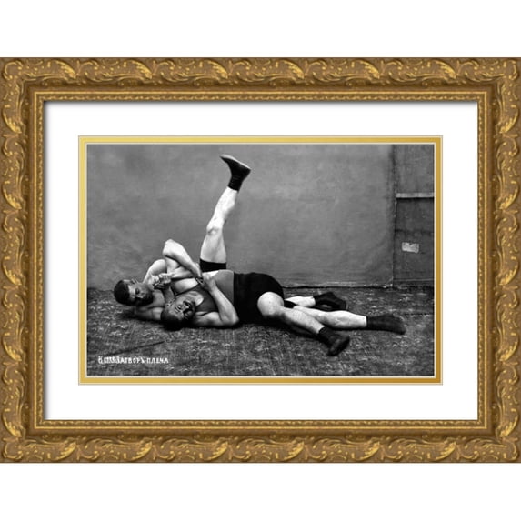 Vintage Wrestler 14x11 Gold Ornate Wood Framed with Double Matting Museum Art Print Titled - The Pin: Russian Wrestlers