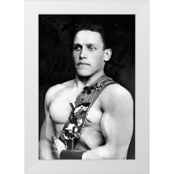 Vintage Wrestler 17x24 White Modern Wood Framed Museum Art Print Titled - Russian Wrestler with Medals