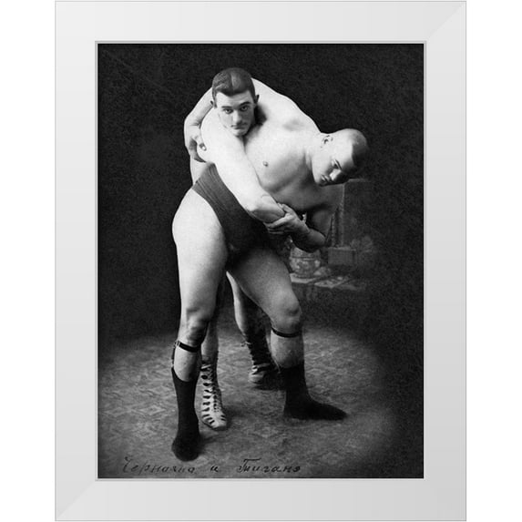 Vintage Wrestler 25x32 White Modern Wood Framed Museum Art Print Titled - Hip Throw: Russian Wrestlers