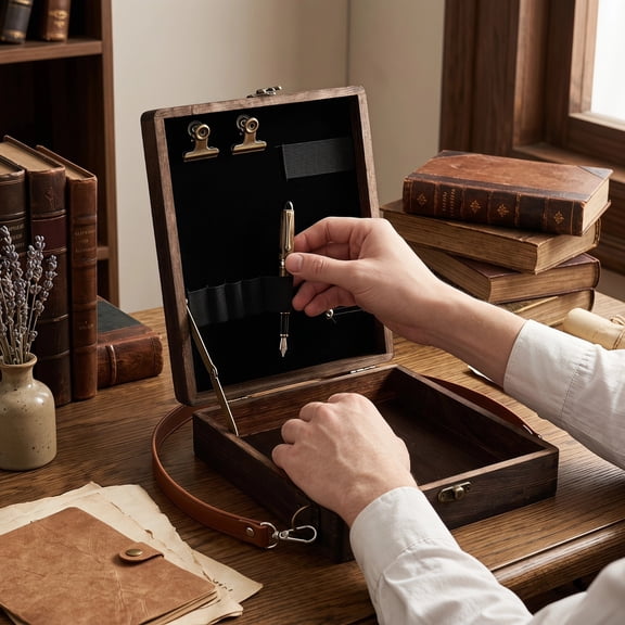 Vintage Writer Messenger Wood Box, Portable Pochade Box Wooden Crossbody Storage Case with Shoulder Strap, Multi-Functional Sketch Drawing Carrier Box for Artists Writers Outdoor Travel Sketching