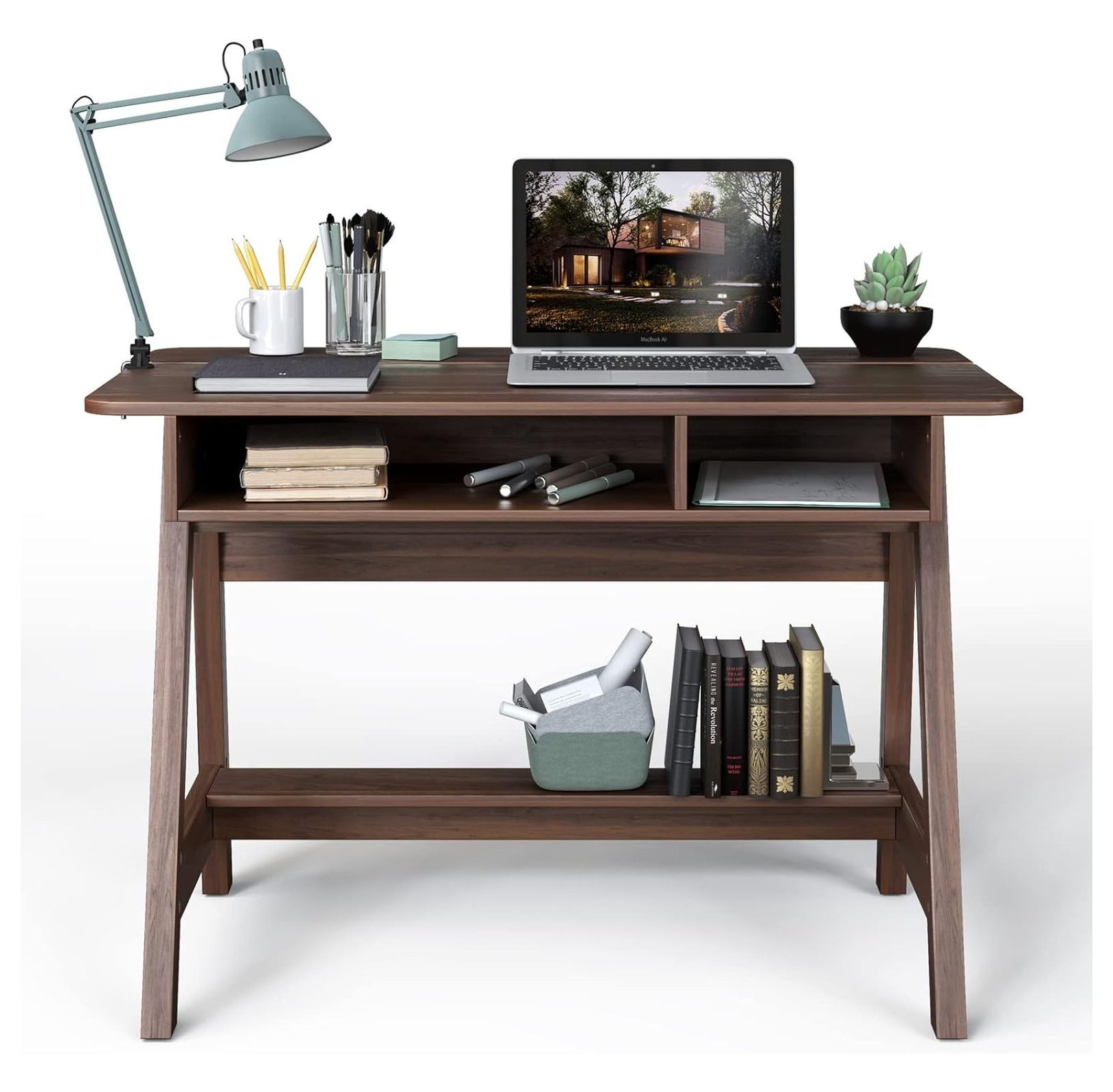 Computer Desk With Shelves, Space Saving Home Office Desk Wit 3 Tier Ladder Shaped Storage Bookshelf - View #7