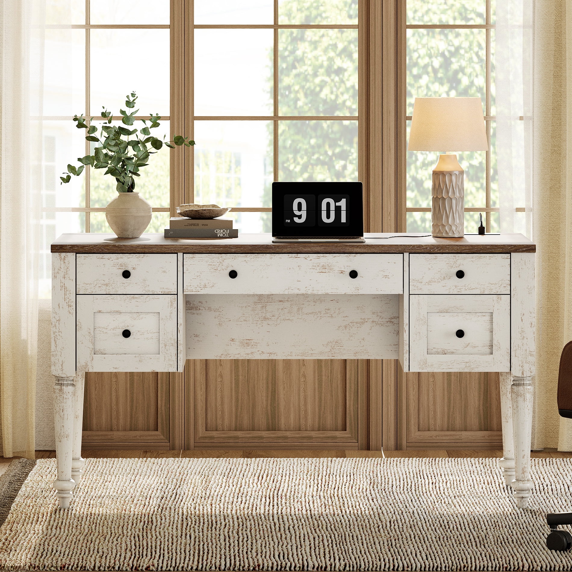 Vintage Writing Desk with Drawer & Cabinet, Wooden Executive Desk with Charging Function for Home Office & Study Room, Antique White