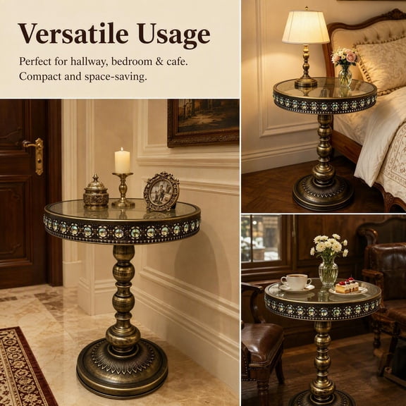 Vintage Wrought Iron Side Table, Diamond Inlaid Tempered Glass Round End Table, Antique Bronze Pedestal Accent Coffee Table for Living Room Sofa Balcony Bedroom Hotel Cafe Guesthouse Decor