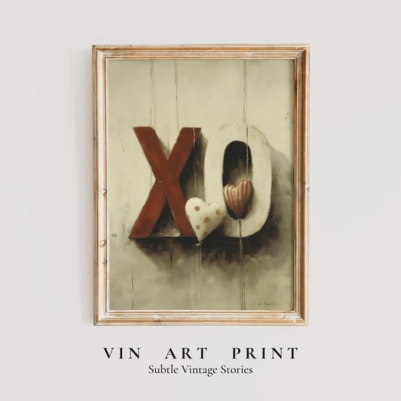 Vintage XO Love Typography Wall Art Shabby Chic Heart Decor, Unframed Canvas Size 8x12