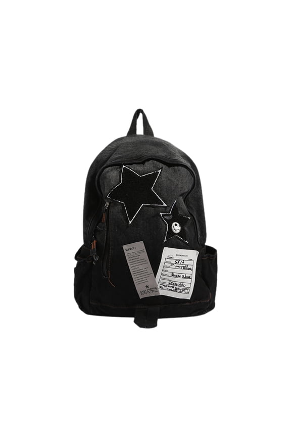Vintage Y2K Grunge Denim Backpack with Star Pattern, Gothic Punk Rock Bookbag for Women and Men, Alternative Emo Style