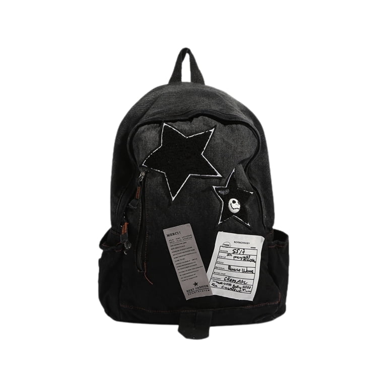 Vintage Y2K Grunge Denim Backpack with Star Pattern, Gothic Punk