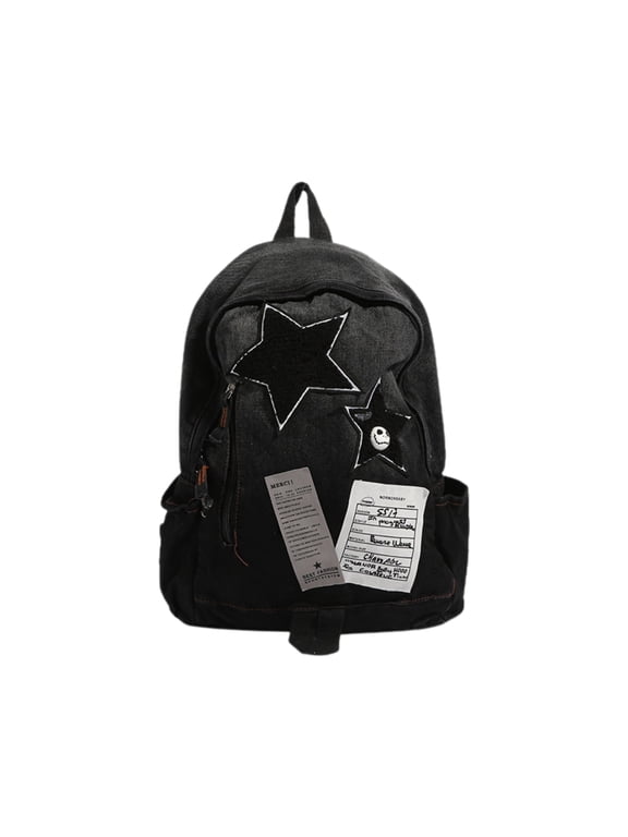 Vintage Y2K Grunge Denim Backpack with Star Pattern, Gothic Punk Rock Bookbag for Women and Men, Alternative Emo Style