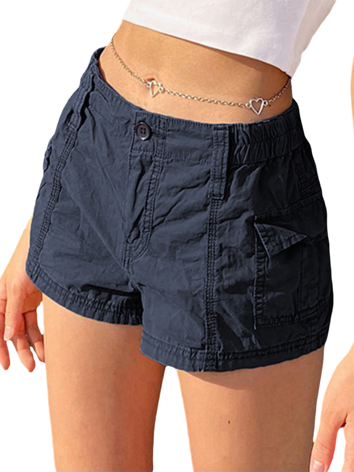 Vintage Y2k Stitch Low Waist Shorts Women Pocket Solid Cargo