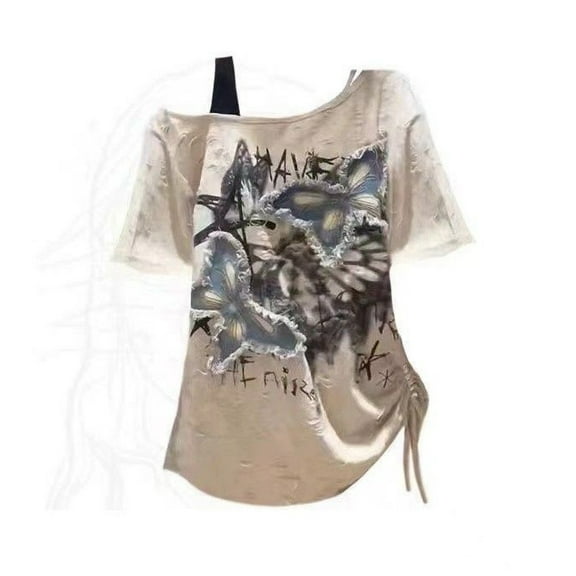 Vintage Y2k Summer Off shoulder Oversize Graphic T Shirt Women 2000s Chic Short sleeve Top Ladies Vintage 2025 New