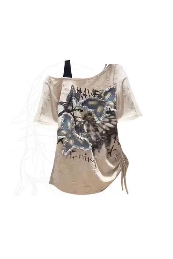 Vintage Y2k Summer Off shoulder Oversize Graphic T Shirt Women 2000s Chic Short sleeve Top Ladies Vintage 2025 New