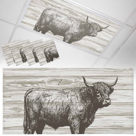 Vintage Yak Fluorescent Light Covers Animal Countryside Retro Wood Grain Magnetic Light Filters Ceiling Lighting Panel Shade for Classroom Office Home 2 x 4 ft, 4 Pack