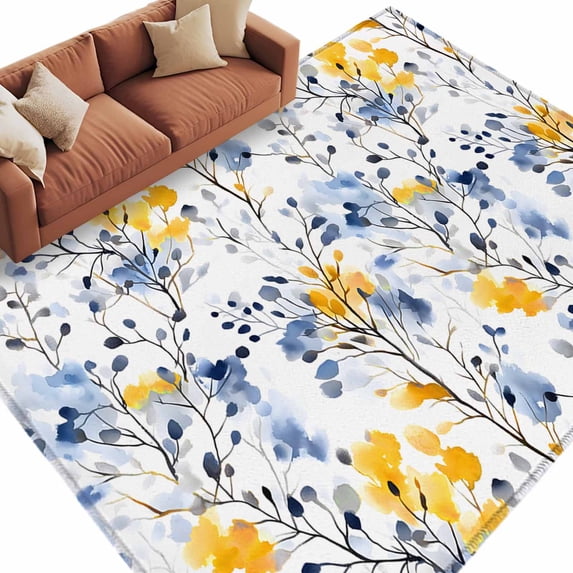 Vintage Yellow Area Rug 5x7ft Blue Wildflowers Leaves Abstract Botanical Non-Slip Washable Square Rugs Soft Felt Indoor Floor Mat for Bedroom Kitchen Living Room Bathroom