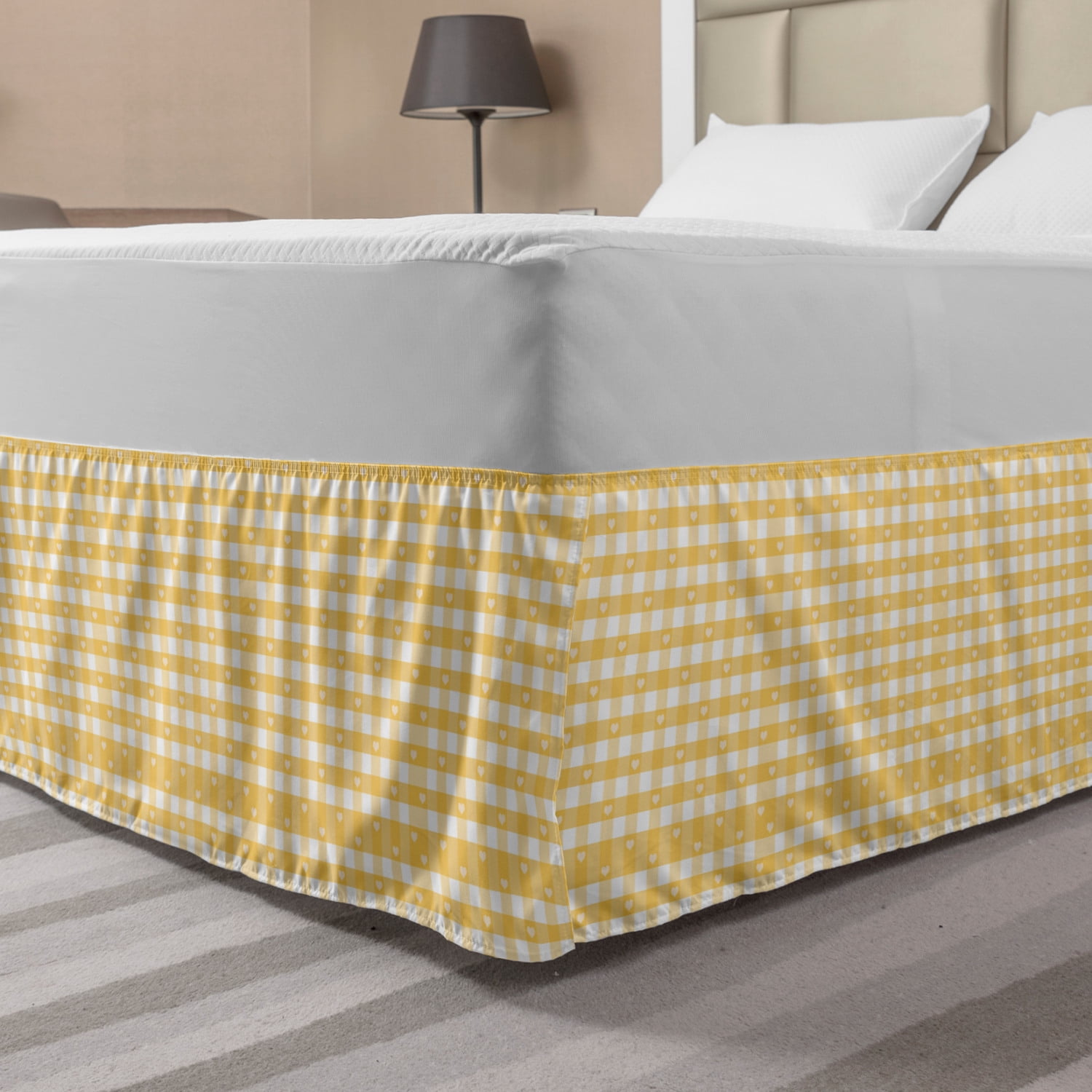 Vintage Yellow Bed Skirt Gingham Pattern with Bicolor Checkered Squares with Heart Motifs Elastic Bedskirt Dust Ruffle Wrap Around for Bedding