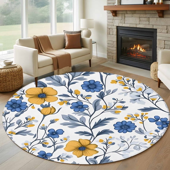 Vintage Yellow Blue Flower Round Living Room Rugs 5 ft, Abstract Floral Washable Area Rug with Non-Slip Sturdy Edge Binding Round Carpet for Entryway Kitchen Bedroom Bathroom