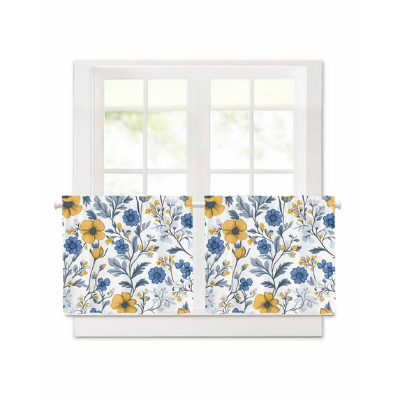 Vintage Yellow Blue Flower Short Blackout Curtains 45 Inch Long Abstract Floral Rod Pocket Kitchen Curtains, 2 Panels Thermal Insulated Room Darkening Drapes for Bedroom, 42"W x 45"L