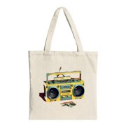 Vintage Yellow Boombox Tote Bag - Canvas Multifunctional Reusable Shopping Bag with Turquoise Handle Perfect for Parties & Travel