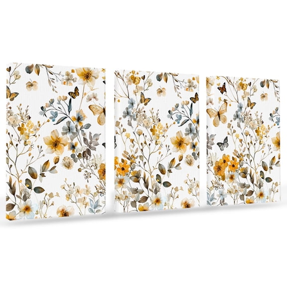 Vintage Yellow Canvas Wall Art 3 Panels, Flowers Leaves Butterflies Pastoral Botanical Framed Wall Decor Modern Artwork Prints Painting for Living Room, Bedroom, Kitchen & Cafe Decor 12" x 16"