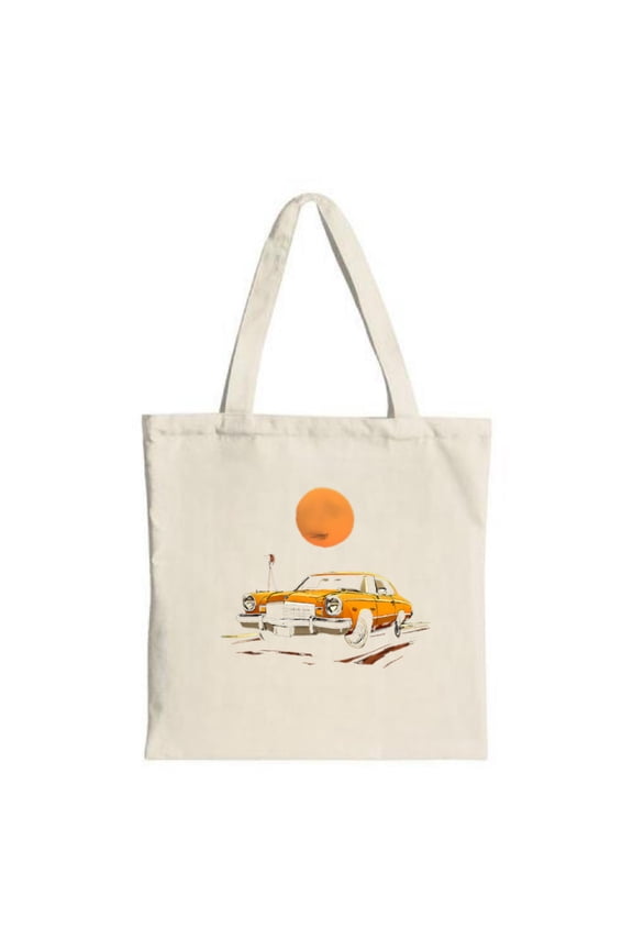 Vintage Yellow Car Tote Bag - Classic Illustration with Sun & Dirt Road Perfect for Shopping Travel & Parties Eco-Friendly Canvas
