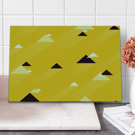 Vintage Yellow Cutting Board, Big and Small Diagonal Triangles with Stripes Geometric Retro, Decorative Tempered Glass Cutting and Serving Board, Large Size, Marigold Black and White, by Ambesonne