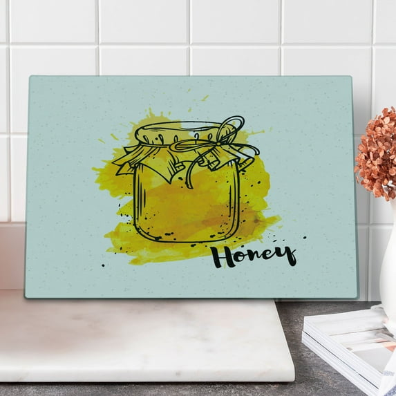 Vintage Yellow Cutting Board, Old Ink Style Hand Drawn Honey Jar on Watercolor Splash Background, Decorative Tempered Glass Cutting and Serving Board, Large Size, Marigold and Black, by Ambesonne