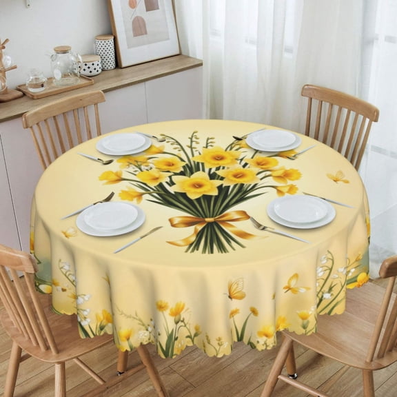 Vintage Yellow Daffodil Bouquet With Butterflies Floral Art Round Tablecloth Waterproof Oil Proof Spill Proof Table Cloth 70" for Camping, Dining, Indoor and Outdoor Table Cover